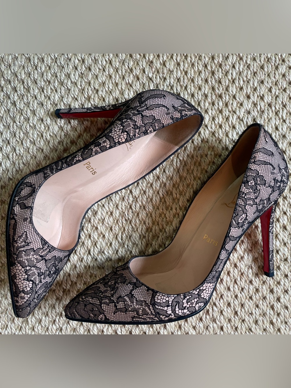 Christian Louboutin Lace Pointed-Toe Stiletto Pumps Black/Nude 40